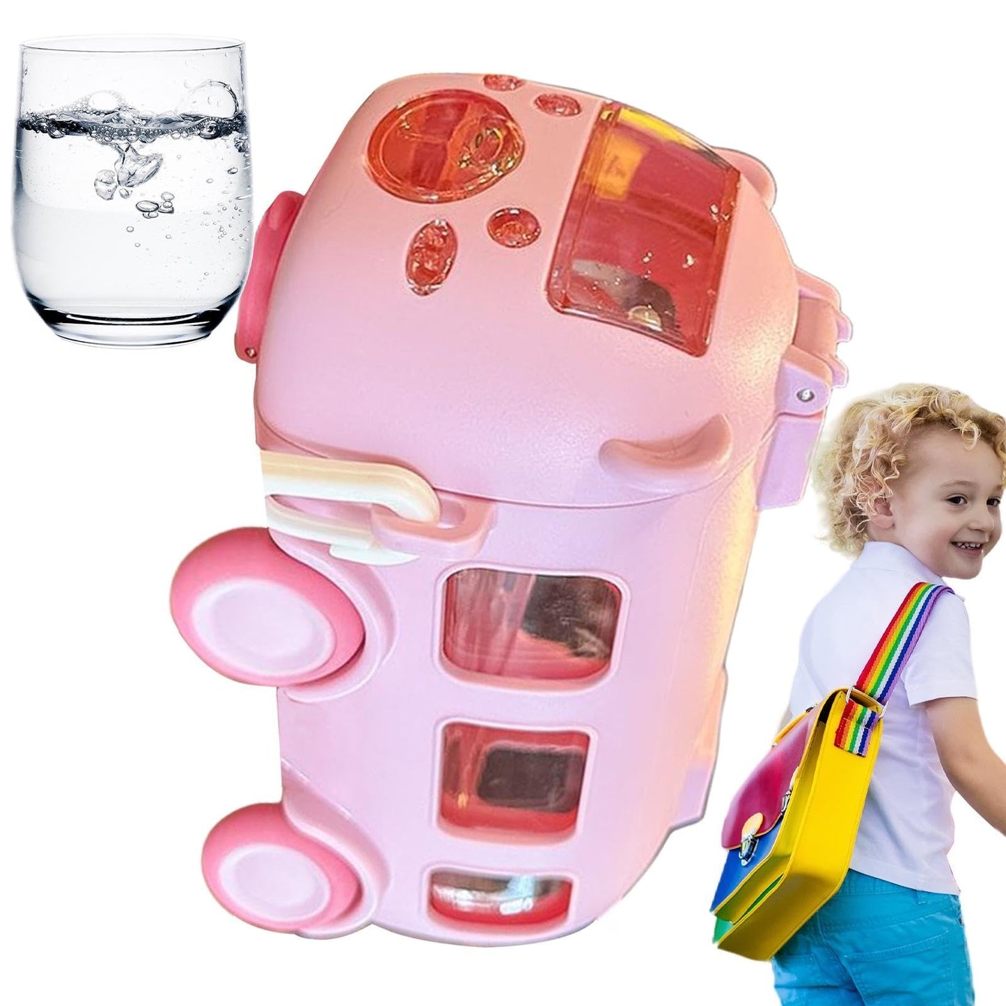 Imported 600ml Bus Water Bottle | Kids Cute Bus Shape | Strap, Sipper & Straw | Leakproof BPA Free (Random Colour)